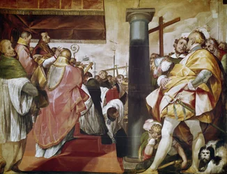 Quadroni de San Carlo: epizoda ze života svatého Karla Boromejského (1538-1584): vztyčení kříže v Miláně (Quadroni of St Charles: život a zázraky svatého Karla Boromejského: vztyčení kříže v Miláně) Malba od Cerana (Giovan Battista Crespi) (156