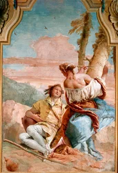 Angelique et Medor - Ilustrace k „Zuřivému Rolandovi“ (Orlando Furioso) od Ludovica Ariosta (Ariosto) představující Angeliku (Angelica) s nápisem jména Medora (Medoro), se kterým se právě spojila, na kmen stromu - Fresco od Giambattista Tiepo