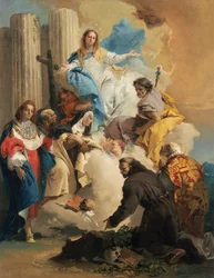 La Vierge se šesti svatými - Panna se šesti svatými, Tiepolo, Giambattista (1696-1770). Olej na plátně, c. 1750. Rozměr : 72,8x56 cm. Szepmuveszeti Muzeum, Budapešť