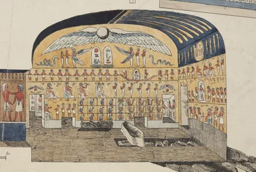Část hrobky Psammuthise v Thébách, objevená a otevřená Belzonim v roce 1818 (ručně kolorované lito)