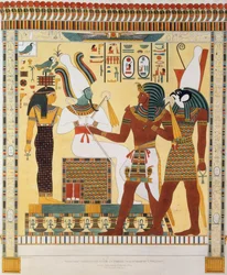 Nástěnná malba z hrobek thébských králů, objevená G. Belzonim, tabule 19 z „Tabulí ilustrujících výzkumy v Egyptě a Núbii“, rytá Charlesem Hullmandelem (1789-1850), 1820-22 (litografie)