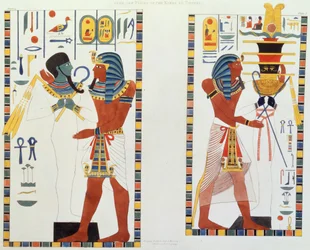 Dvě nástěnné malby z hrobek thébských králů, objevené G. Belzonim, tabule 5 z „Tabulí ilustrujících výzkumy v Egyptě a Núbii“, vyryto Charlesem Hullmandelem (1789-1850), 1820-22