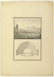 Pohled a plán divadla Hierapolis (nyní Pamukkale), cca 1750 (pero a inkoust a mytí na papíře)
