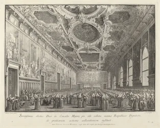 Dóže se vrací díky v Sala del Consiglio Maggior, 17631766.