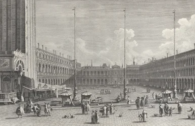 Pohled na náměstí Piazza San Marco s kostelem San Geminiano na druhém konci a postavami a..., 1763.