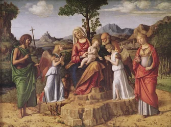 Svatý rozhovor - Svatá rodina obklopená anděly, svatou Lucií a svatým Janem Křtitelem, zastavující se před útěkem do Egypta, kolem 1490