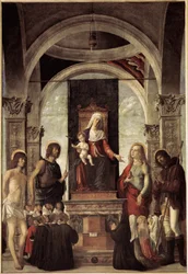 Svatý rozhovor, panna s dítětem obklopená svatým Janem Křtitelem, svatým Sebastianem, svatým Rochem, svatou Marií Magdalenou (olej na plátně, kolem 1487-1488)