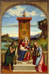 Panna má dítě mezi svatým Janem Křtitelem a svatou Marií Magdalenou. Obraz Cima Da Conegliano (1459-1517)