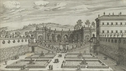 Další perspektivní pohled na Teatro et Giardino Contigvo z Mondragone ve Fras ..., 1691 nebo později.