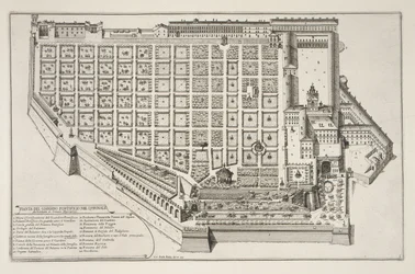 Papežská zahrada a palác Quirinale, z Il Nuovo Teatro della Fabriche et Buildings in Perspective of Modern Rome, publikované kolem roku 1665-69 (viz také 172928)