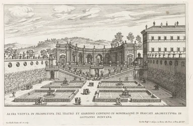 Tuinen van de Villa Mondragone te Frascati Další perspektivní pohled na divadlo a přilehlou zahradu (...) (titul na objektu) Fontány vil ve Frascati (název série) Fonteinen van Frascati (název série)