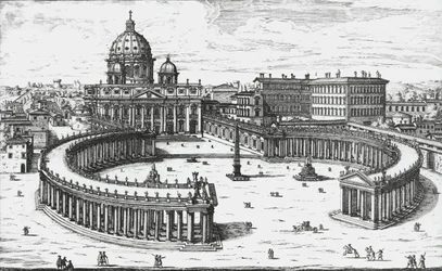 Vatikán, Pohled na Piazza San Pietro s bazilikou svatého Petra a Vatikánskými paláci, rytina Giovanni Battista Falda. 1665