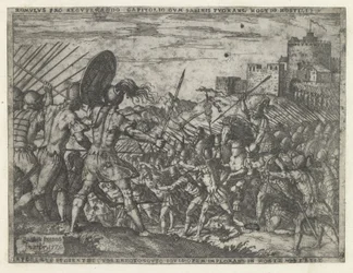 Armáda Romula v bitvě se Sabines Romulus pro recuperando (...) in hostem vertit (titul na objektu) Životy Romula a Rema (název série)