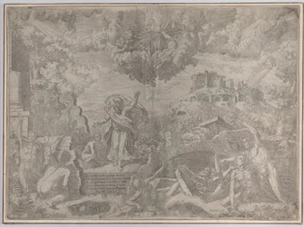 Vidění Ezechiela s mrtvými vstávajícími a oblékajícími se do těla, Bůh Otec nahoře..., 1579.