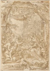 Klanění pastýřů, asi 1680-1690 (kresba perem a tuší)