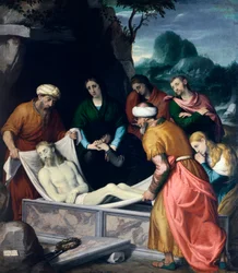 Uložení Krista do hrobu, Giovanni Battista Moroni (asi 1525-1578), olej na plátně