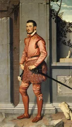 Portrét Giana Gerolama Grumelliho, rytíře v růžovém, od Giovanniho Battisty Moroniho (asi 1525-1578), 216 x 123 cm