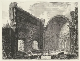 Bibliotheek in de Villa Adriana t a Tivoli Zbytky místnosti patřící Castro Pretorio ve Villa Adriana v Tivoli (název na objektu) Gezichten op Rome (název série) Pohledy na Řím navrhl a vyryl Giambattista Piranesi architekt Ve (nez) i