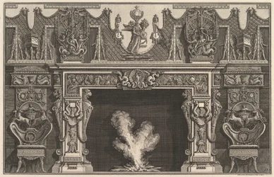Pták ve skořápce uprostřed překladu, s vlysem trofejí, převýšený..., 1769 .
