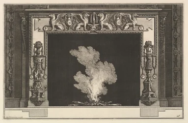 Komín: Ponížení grifonci na překladu a svícny na ostění Ch. doprovázet..., ca. 1769.