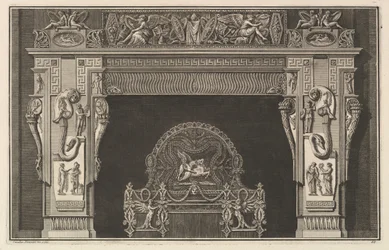Komín: Vlys trofejí a okřídlených vítězství na překladu, s rohy hojnosti ..., ca. 1769.