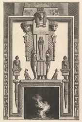 Komín v egyptském stylu: Mumie položená na velké karyatidě nad linte..., 1769.