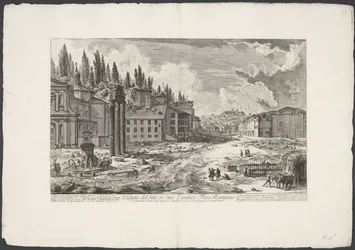 Forum Romanum se setkalo s Tempel van Jupiter Stator te Rome Pohled na místo, kde bylo starověké římské fórum (název na objektu) Gezichten op Rome (název série) Pohledy na Řím navržený a vyrytý architektem Giambattista Piranesi Ve (nez) iano (název série)