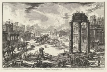 Forum Romanum te Rome Pohled na Campo Vaccino (název na objektu) Gezichten op Rome (název série) Pohledy na Řím navržený a vyrytý architektem Giambattista Piranesi Ve (nez) iano (název série)