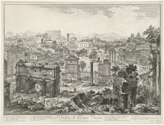 Forum Romanum te Rome Pohled na Campo Vaccino (název na objektu) Gezichten op Rome (název série) Pohledy na Řím navržený a vyrytý architektem Giambattista Piranesi Ve (nez) iano (název série)