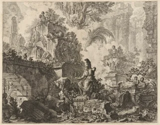 Frontispiece, Fantasy of Ruins se sochou Minervy v popředí uprostřed, z Vedute di Roma (Pohledy na Řím)