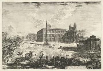 Gezicht op het Lateraan te Rome se setkal s de Sint-Jan van Lateranen Pohled na náměstí Piazza a bazilika S. Giovanni in Laterano (název na objektu) Gezichten op Rome (název série) Pohledy na Řím navrhl a vyryl Giambattista Piranesi architekt Ve (nez) ian