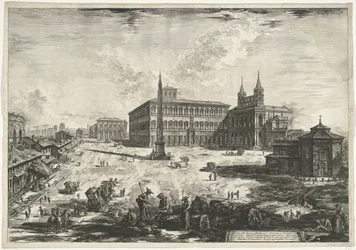 Gezicht op het Lateraan te Rome se setkal s de Sint-Jan van Lateranen Pohled na náměstí Piazza a bazilika S. Giovanni in Laterano (název na objektu) Gezichten op Rome (název série) Pohledy na Řím navrhl a vyryl Giambattista Piranesi architekt Ve (nez) ian