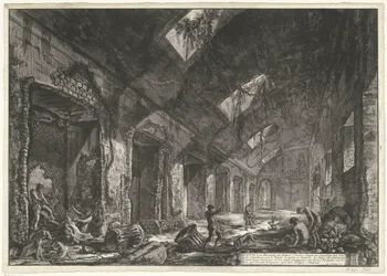 Interieur van de Heliocaminus Baden v de Villa Adriana t a Tivoli Pohledy na Helio-krb pro život v zimě, který byl vyhříván Sluncem, které bylo zavedeno přes okna (nadpis na objektu) Gezichten op Rome (název série) Pohledy na Řím diseg