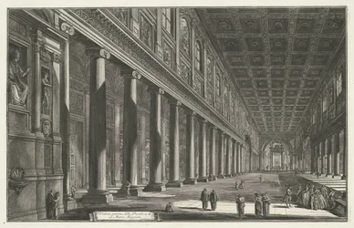 Interieur van de Santa Maria Maggiore te Rome Vnitřní pohled na baziliku S. Maria Maggiore (titul na objektu) Gezichten op Rome (název série) Pohledy na Řím navržený a vyrytý architektem Giambattista Piranesi Ve (nez) iano (název série)