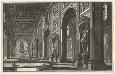 Interieur van de Sint-Jan van Lateranen te Rome Vnitřní pohled na baziliku S. Giovanni Laterano (titul na objektu) Gezichten op Rome (název série) Pohledy na Řím navržený a vyrytý architektem Giambattista Piranesi Ve (nez) iano (název série)