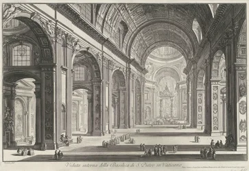 Interieur van de Sint-Pietersbasiliek te Vaticaanstad Vnitřní pohled na baziliku svatého Petra ve Vatikánu (titul na objektu) Gezichten op Rome (název série) Pohledy na Řím navrhl a vyryl architekt Giambattista Piranesi Ve (nez) iano (série ti