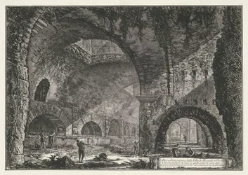 Interieur van de Tempel van Hercules Victor t a Tivoli Další vnitřní pohled na Villa di Mecenate v Tivoli (název na objektu) Gezichten op Rome (název série) Pohledy na Řím navrhl a vyryl architekt Giambattista Piranesi Ve (nez) iano (série ti