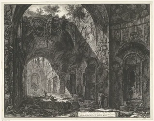 Interieur van de Tempel van de god Canopus v de Villa Adriana ta Tivoli Interiér chrámu Canopus ve vile Adriana (název na objektu) Gezichten op Rome (název série) Pohledy na Řím navrhl a vyryl Giambattista Piranesi architekt Ve (ne