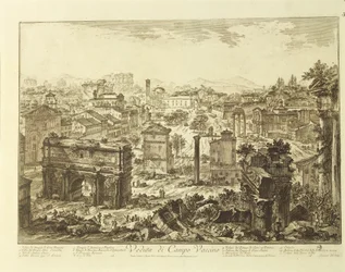 Itálie, Řím, pohled na Campo Vaccino (Forum Romanum) s obloukem Septimia Severa (rytina)