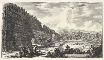 Pecile ve vile Adriana t a Tivoli Pohled na pozůstatky Castro Pretorio ve Villa Adriana v Tivoli (název na objektu) Gezichten op Rome (název série) Pohledy na Řím navrhl a vyryl architekt Giambattista Piranesi Ve (nez) iano (název série