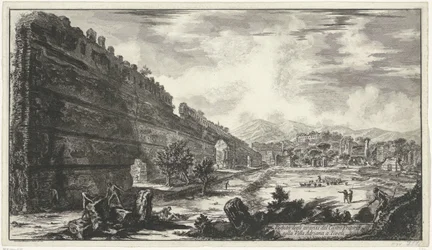 Pecile ve vile Adriana t a Tivoli Pohled na pozůstatky Castro Pretorio ve Villa Adriana v Tivoli (název na objektu) Gezichten op Rome (název série) Pohledy na Řím navrhl a vyryl architekt Giambattista Piranesi Ve (nez) iano (název série
