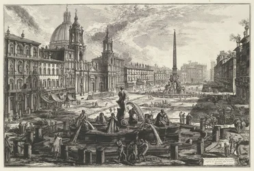 Piazza Navona te Rome Pohled na Piazza Navona nad ruinami Agonal Circus (název na objektu) Gezichten op Rome (název série) Pohledy na Řím navržený a vyrytý architektem Giambattista Piranesi Ve (nez) iano (název série)