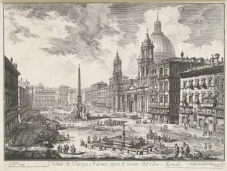 Piazza Navona te Rome Pohled na Piazza Navona nad ruinami Agonal Circus (název na objektu) Gezichten op Rome (název série) Pohledy na Řím navržený a vyrytý architektem Giambattista Piranesi Ve (nez) iano (název série)