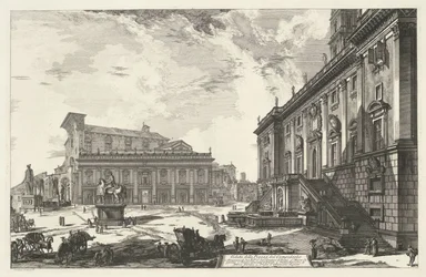 Piazza del Campidoglio te Rome Pohled na náměstí Piazza del Campidoglio (název na objektu) Gezichten op Rome (název série) Pohledy na Řím navržený a vyrytý architektem Giambattista Piranesi Ve (nez) iano (název série)