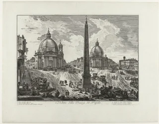 Piazza del Popolo te Rome (název na objektu) Pohled na náměstí Piazza del Popolo (název na objektu) Gezichten op Rome (název série) Pohledy na Řím navržený a vyrytý architektem Giambattista Piranesi Ve (nez) iano (název série)