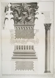 Deska LXXXIV-V Ukázka části portiku Pantheonu ve velkém měřítku z knihy "Vedute", poprvé vydané v roce 1756, vydavatel E und F.N. Spon Ltd., 1900.