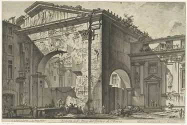 Porticus van Octavia te Rome Pohled do atria sloupoví Octavie (název na objektu) Gezichten op Rome (název série) Pohledy na Řím navržený a vyrytý architektem Giambattista Piranesi Ve (nez) iano (název série)