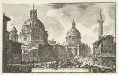 Santa Maria di Loreto en de Santissimo Nome di Maria te Rome Pohled na dva kostely (...) (nadpis na objektu) Gezichten op Rome (název série) Pohledy na Řím navržený a vyrytý architektem Giambattista Piranesi Ve (nez) iano (název série)