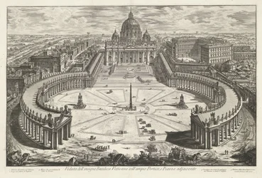 Sint-Pietersplein se setkal s de Sint-Pietersbasiliek te Vaticaanstad Pohled na slavnou vatikánskou baziliku s velkým Portikem a přilehlým náměstím Piazza (název na objektu) Gezichten op Rome (název série) Pohledy na Řím navrhl a vyryl Giambattista Piranes