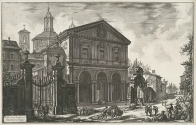 Sint-Sebastiaan buiten de Muren te Rome Pohled na baziliku S. Sebastiano za hradbami Říma, na Via Appia (název na objektu) Gezichten op Rome (název série) Pohledy na Řím navrhl a vyryl Giambattista Piranesi architekt Ve (nez) ian